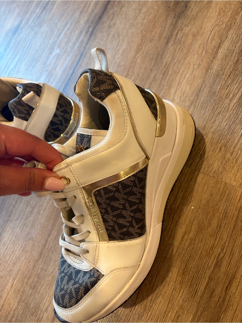 Michael Kors Kids White & Brown Logo Trainer with Gold Accent